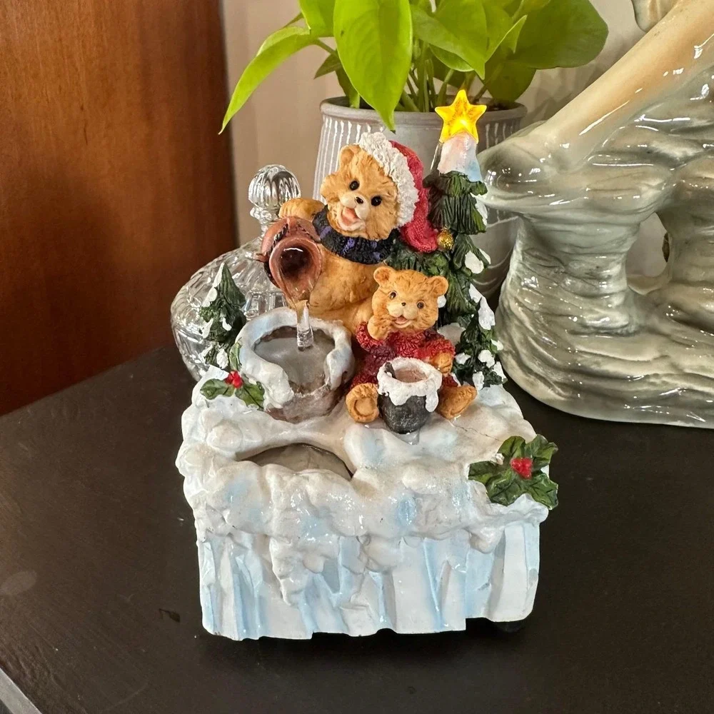 Vtg 90s Christmas Teddy Bear Water Fountain Lighted Tabletop Holiday Decor Retro